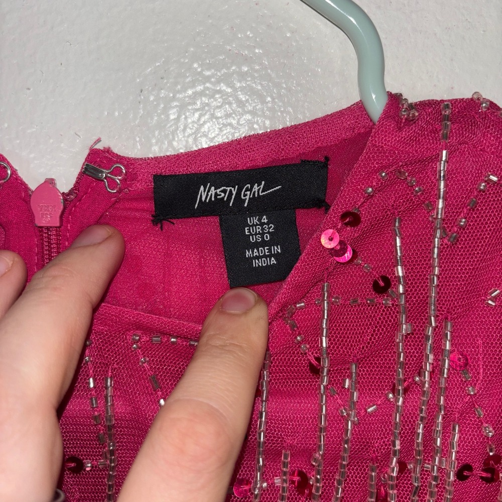 Nasty Gal Beaded Fringe Mini Dress Womens Sz 0 Pink Sequin Party Cocktail - Picture 5 of 12